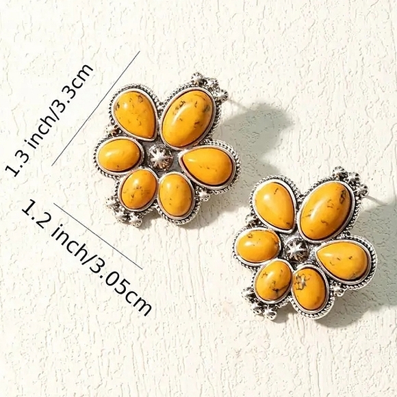 Yellow Turquoise Squash Blossom Studded Earrings - Picture 2 of 3